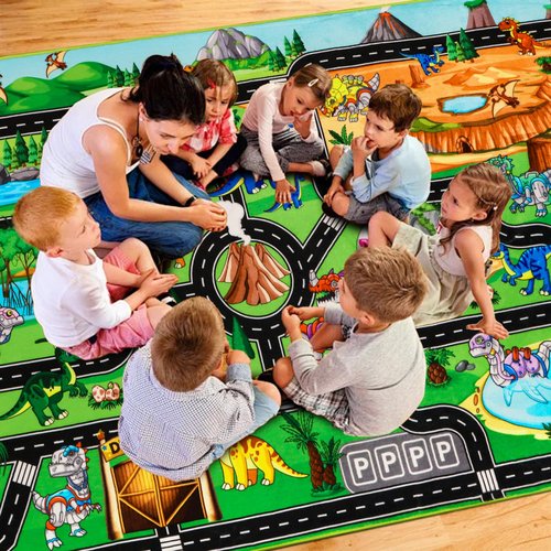 DINSUMRUG Kids Rugs for Playroom 59"×39.4" Dinosaur Car Play Mat Robot Dinosaur Park Road Educational Dino Road Rug for Toy Car Jurassic Themed Play Carpet for Kids, Toddlers, Nursery, Classroom