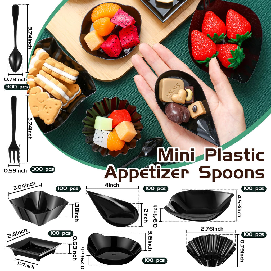 Tessco for you 1200 Pcs Mini Appetizer Plates Set Including 6 Shapes Disposable Mini Dessert Cups, Spoons and Forks for Party Wedding Pudding Ice Cream (Black)