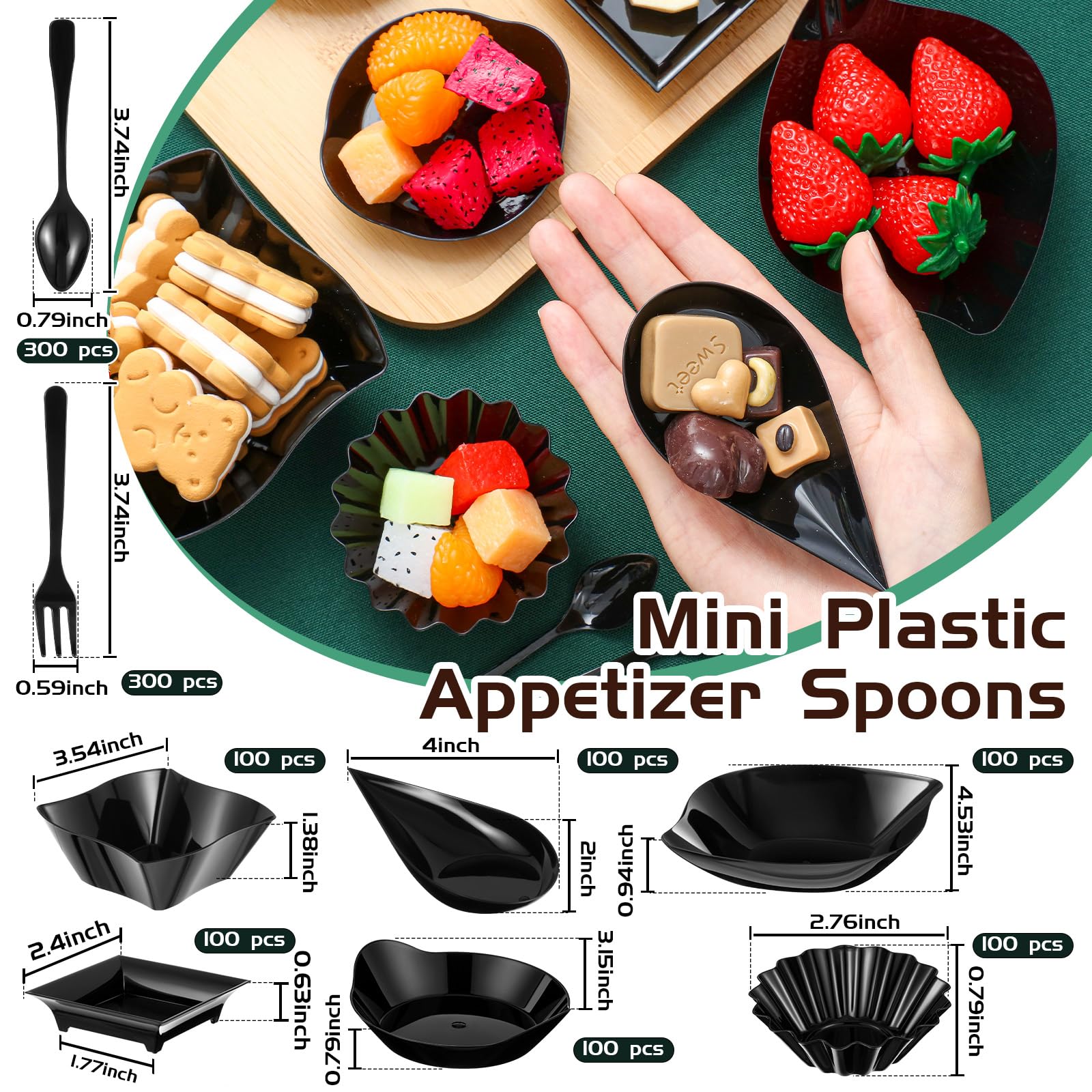 Tessco for you 1200 Pcs Mini Appetizer Plates Set Including 6 Shapes Disposable Mini Dessert Cups, Spoons and Forks for Party Wedding Pudding Ice Cream (Black)