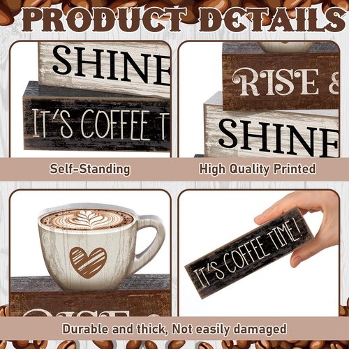 Moucuny 4 Pcs Farmhouse Coffee Bar Sign Decor Wooden Cup Rise & Shine It's Coffee Time Rustic Wood Cafe Sign Gift for Home Kitchen Tabletop Decor