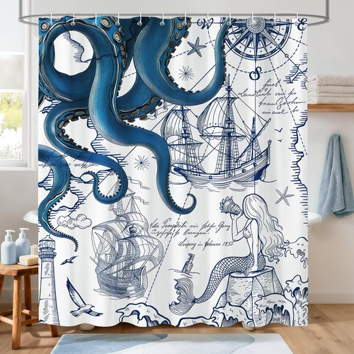 Hopomoon Blue Nautical Octopus Shower Curtain,Navy Blue Octopus and Mermaid Funny Ocean Kraken Waterproof and Moisture-Proof Bath Curtain Summer Decor with 12 Hooks 72 x 72 inch