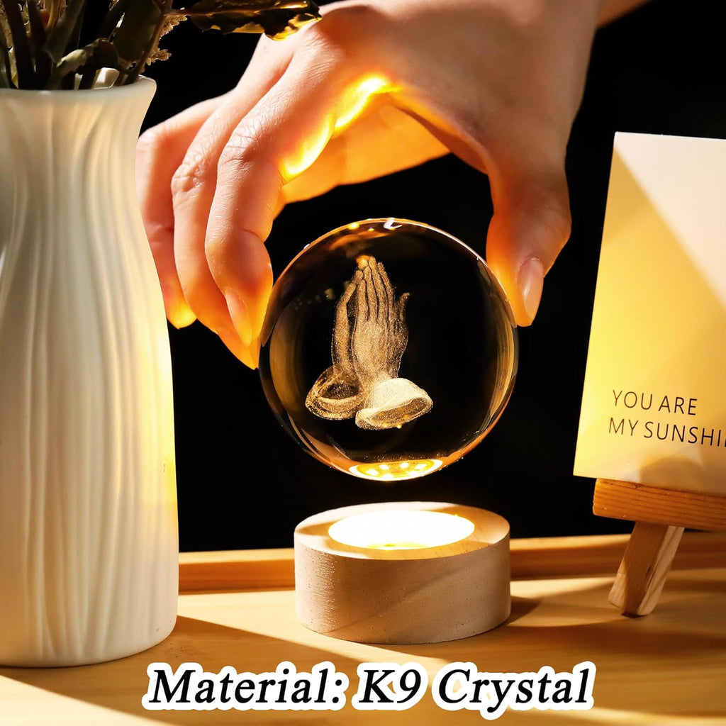 3D Hands Prayer Crystal Ball by [Brand Name] - Religious Glass Figurine with Wooden Base | 2.36-Inch Night Light for Home Decor