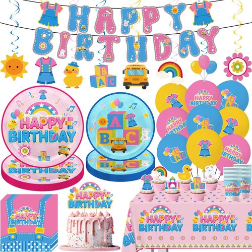 112pcs English Teacher Birthday Decorations Tableware Set Include Banner,Hanging Swirls, Waterproof Tablecloth,Latex Balloons,Paper Plates of 2 Size,Cake Topper, Napkins and Paper Cups