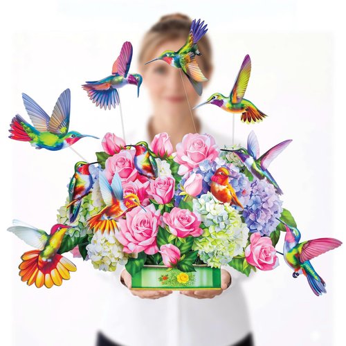 HIBLOOM Humming Bird Pop Up Card, 19.5 Inch Real Sized Display 3D Valentine Greeting Card, Paper Flower Bouquet, Gift for Valentines Day, Birthday, Mothers Day, Includes Envelope & Message Note