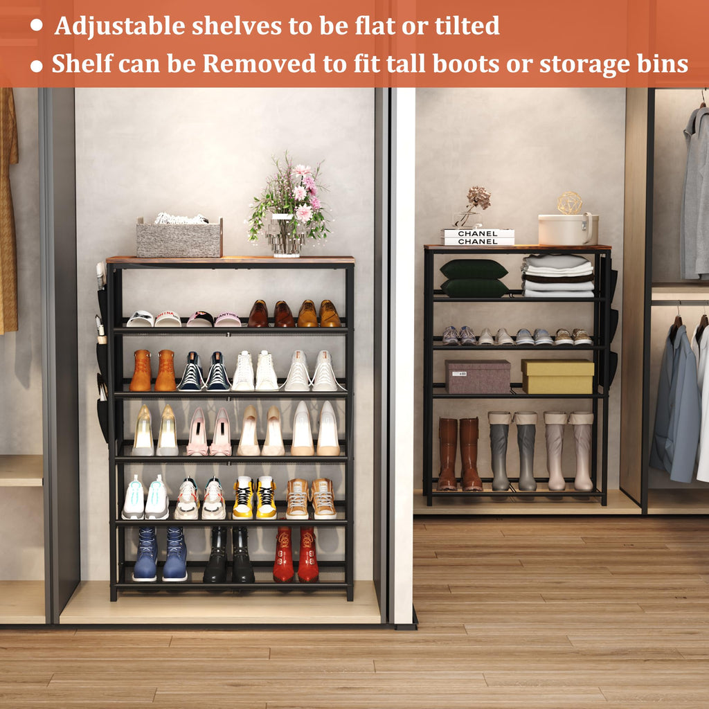 HOMEFORT 6 Tiers Shoe Rack for Entryway,30" Shoe Storage Shelf for Closet, Shoe Organizer with Adjustable Mesh Shelves, for 18-24 Pairs of Shoes, Industrial Shoe Stand with Side Pocket,Rustic Brown