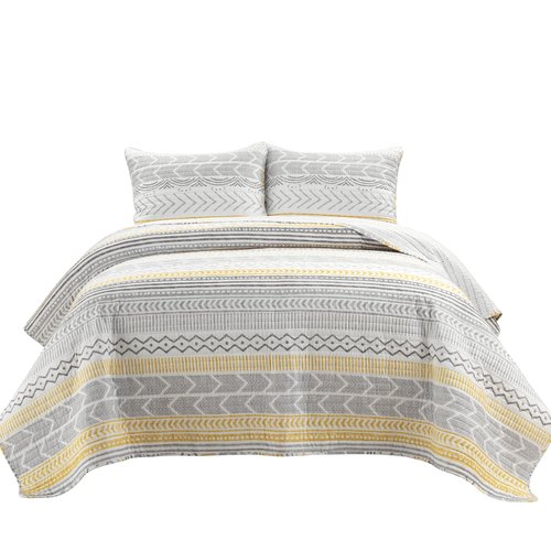 Lush Decor Hygge Geo Pattern Striped 3 Piece Quilt Bedding Set, Full/Queen, Yellow