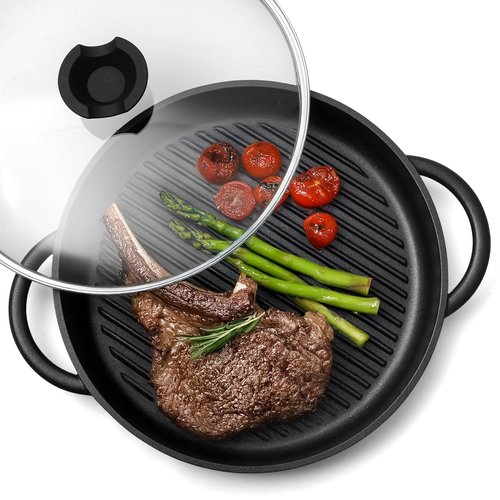Moss & Stone 12” Nonstick Grill Pan for Indoor Cooking, Cast Aluminum Griddle Pan for Stove Top & Induction, Dishwasher & Oven Safe, Grill Pan with Lid, Silicone Handles, PFOA Free