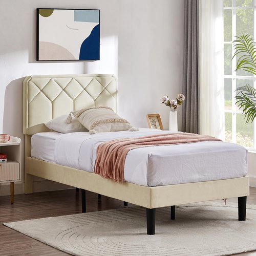 VECELO Twin Size Bed Frame Premium Velvet Upholstered Platform with Height Adjustable Headboard/Mattress Foundation, Solid Wooden Slat Support, No Box Spring Needed/Easy Assembly