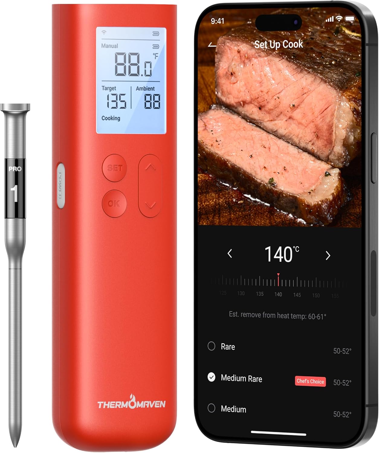 ThermoMaven Smart Bluetooth Meat Thermometer - 10X Enhanced Signal, Certified Accuracy ±0.5°F | WiFi Unlimited Range for BBQ & Grill