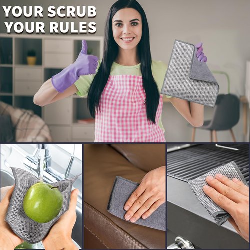 PIPUHA 5 Pack Dual-Sided Metal Wire Dishcloth, Reusable Non-Scratch Cleaning Pads with Fabric Side for Nonstick Cookware, Pots, Pans & Kitchen Cleaning