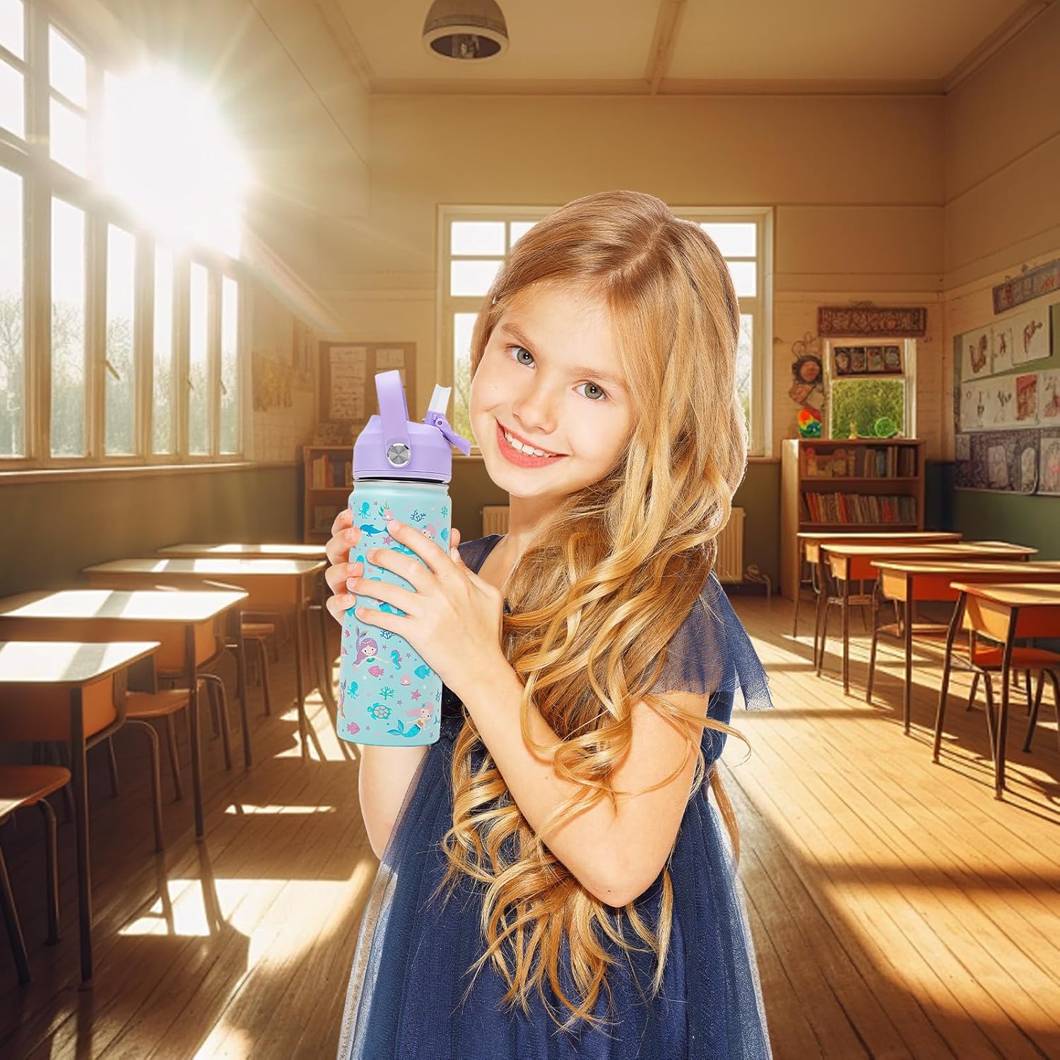 Skiennix 18oz Kids Insulated Water Bottle - BPA-Free Stainless Steel, Leak-Proof, Purple Mermaid