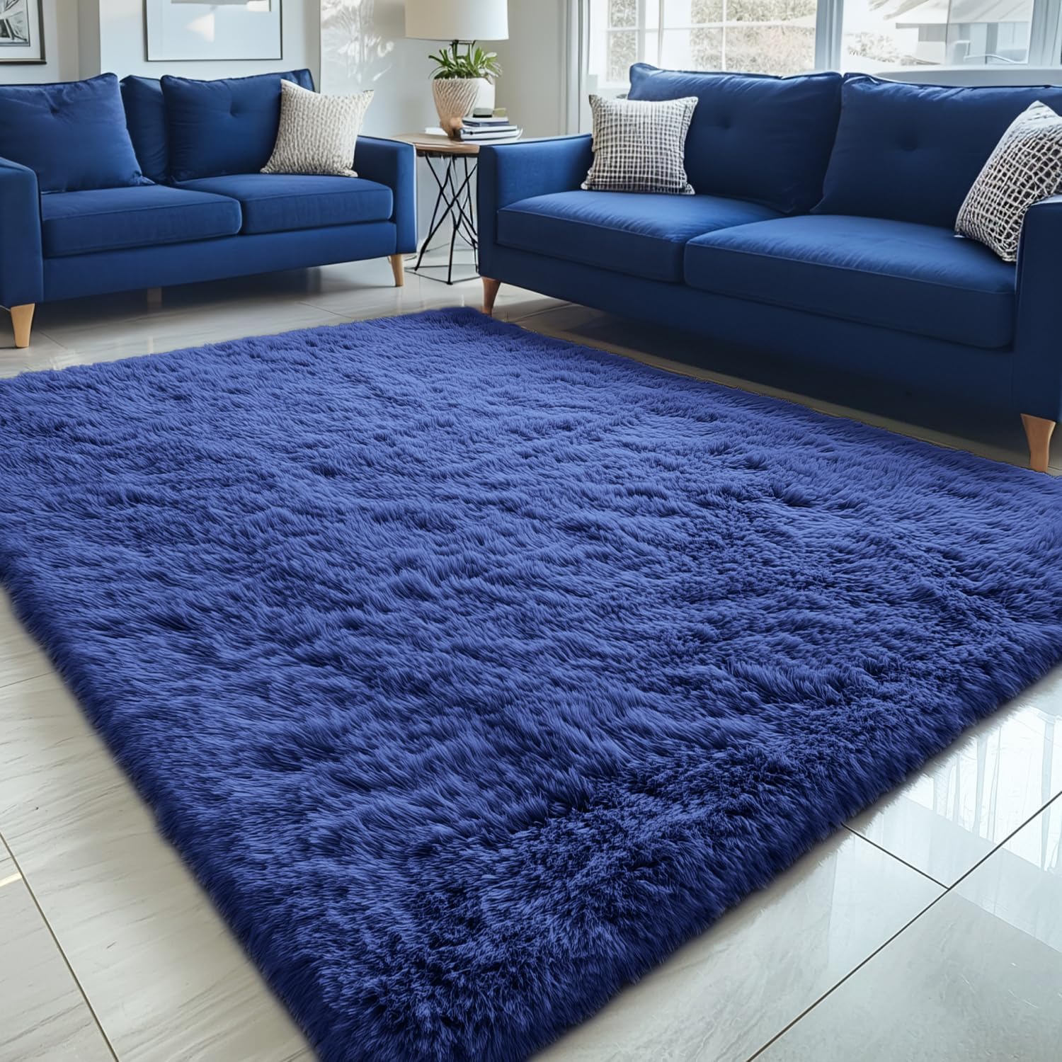 OLANLY Large 5x7 Machine Washable Area Rug - Soft Fluffy Shaggy Carpet for Living Room & Bedroom | Navy Blue