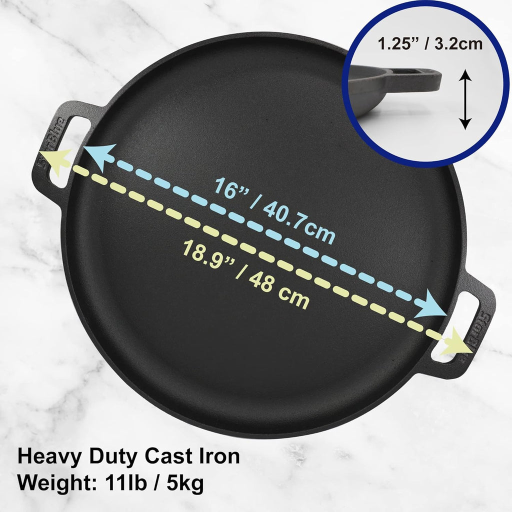 StarBlue 16-Inch Cast Iron Pizza Pan - Pre-Seasoned Griddle with Free Silicone Handles & Recipe Ebook | Perfect for Baking, BBQ, and Stovetop Cooking