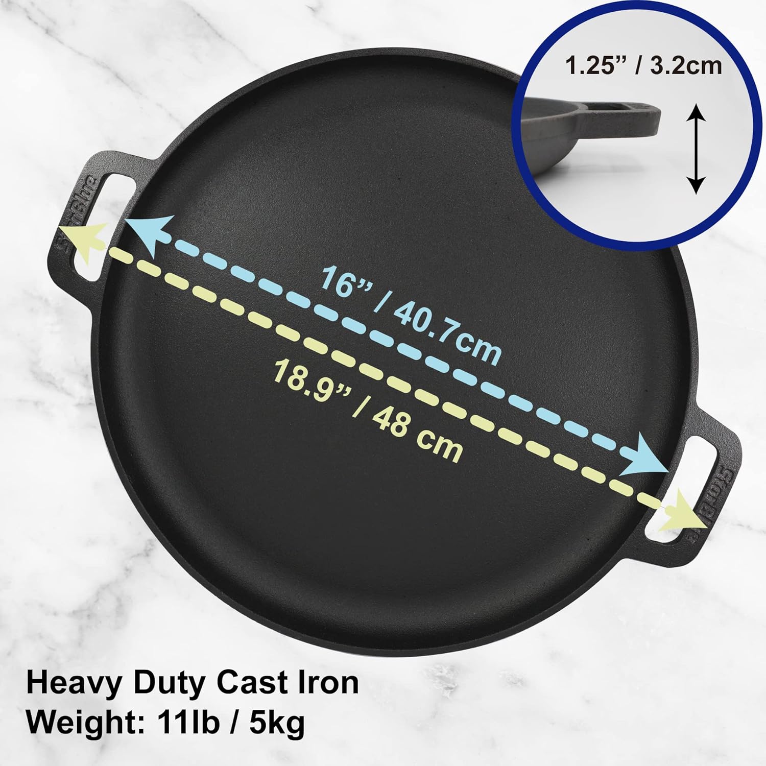 StarBlue 16-Inch Cast Iron Pizza Pan - Pre-Seasoned Griddle with Free Silicone Handles & Recipe Ebook | Perfect for Baking, BBQ, and Stovetop Cooking