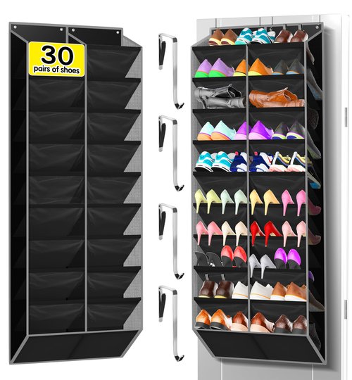 Kotkn 10-Tier Over the Door Shoe Organizer, 20 Pockets Holds 20-30 Pairs, Heavy-Duty Oxford Fabric with Hexagon Mesh for Boots & Sneakers-Black
