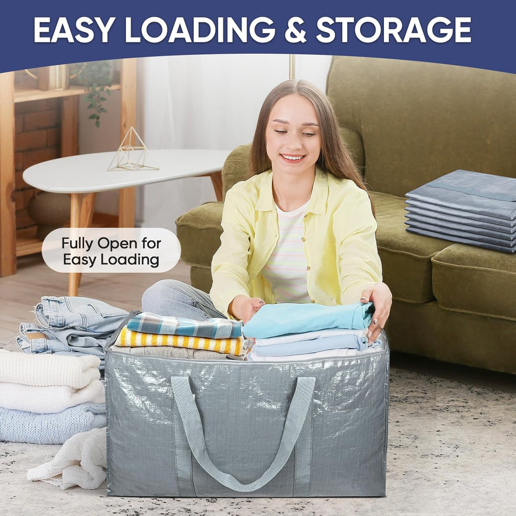 TICONN Extra Large Heavy-Duty Moving Bags - Durable Storage with Zippers & Handles | 6 Pack, Light Grey