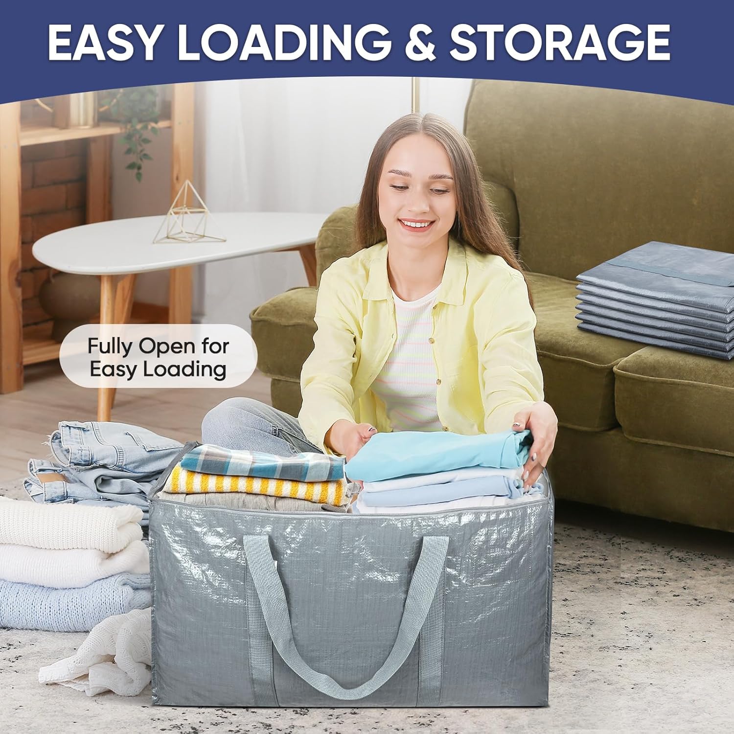 TICONN Extra Large Heavy-Duty Moving Bags - Durable Storage with Zippers & Handles | 6 Pack, Light Grey