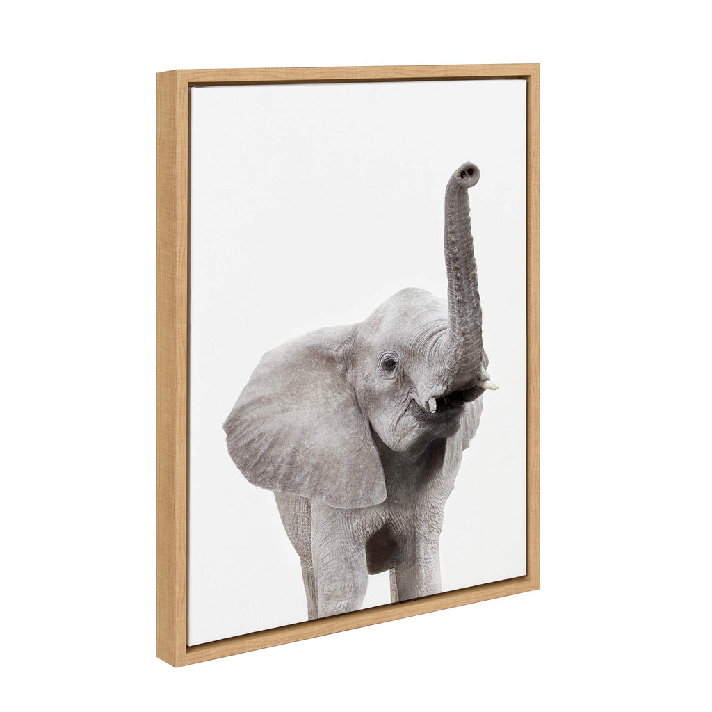 Kate and Laurel Sylvie Elephant with Raised Trunk Animal Print Portrait Framed Canvas Wall Art by Amy Peterson, 18x24 Natural