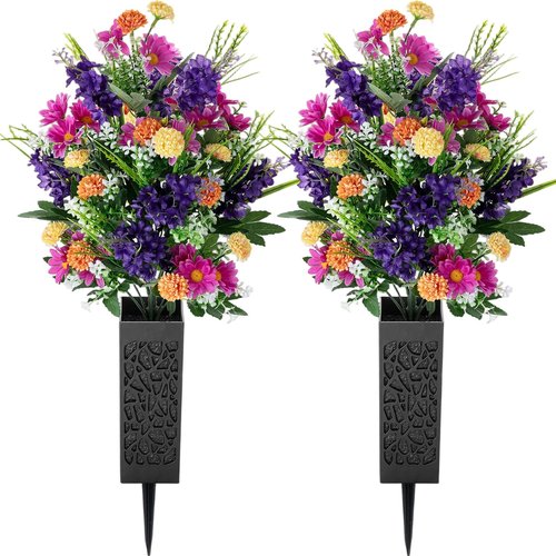 Memobloom Artificial Cemetery Flowers for Grave: Memorial Day Flowers for Cemetery - Outdoor Grave Decorations - 2 Pcs Purple Violet Mums Bouquets with Vases