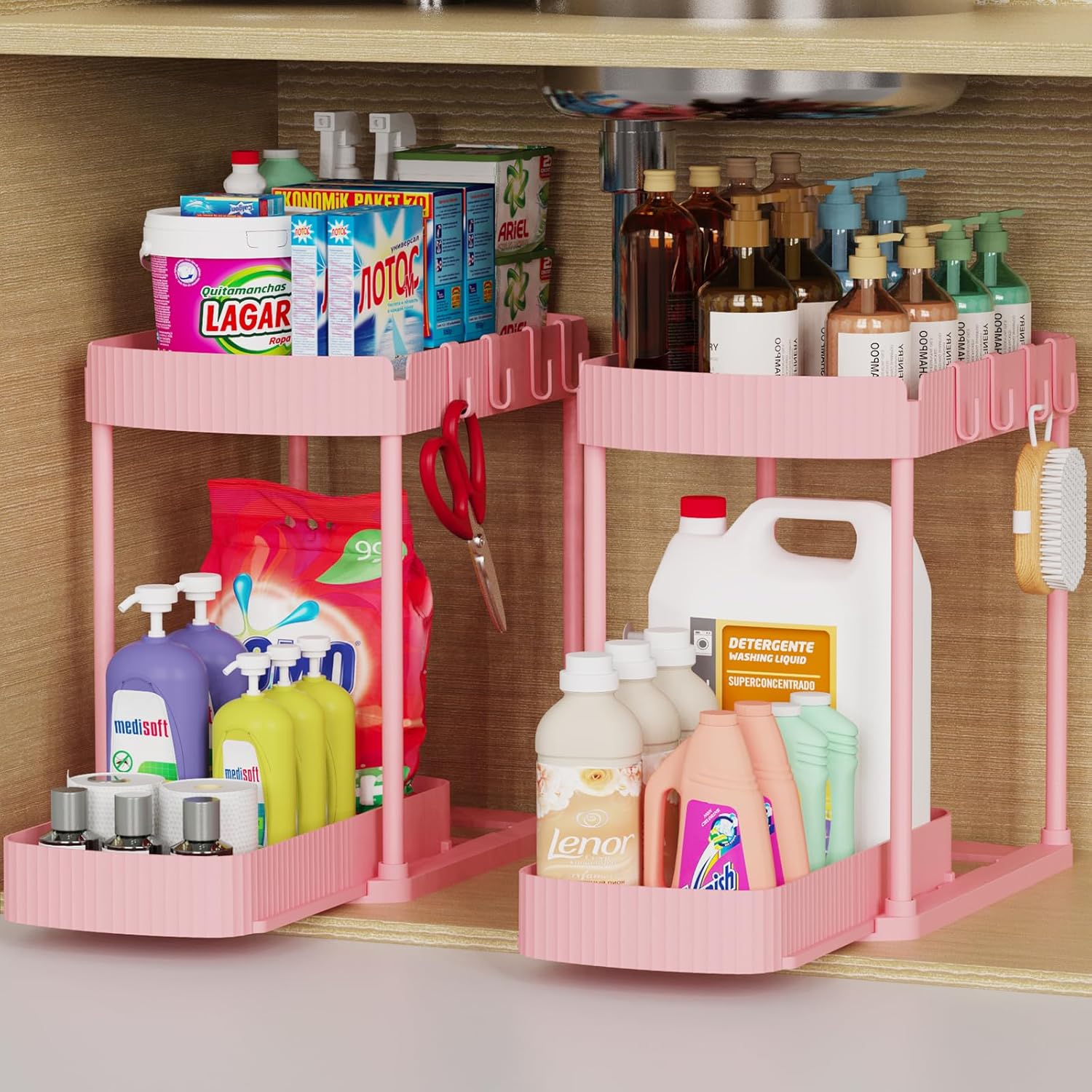 Ukeetap Multi-Purpose Pull-Out Storage Organizers - Under Sink & Cabinet, 12.8 Inch Pink (2 Pack)