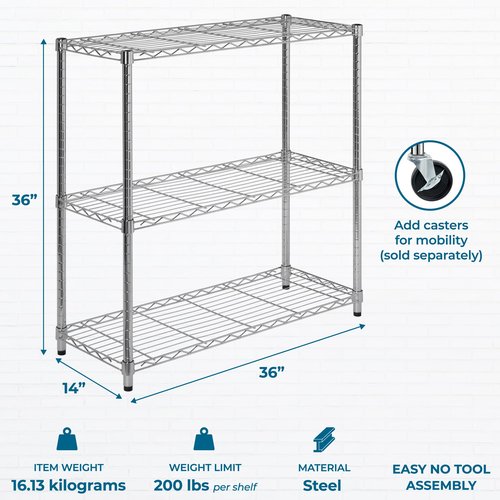 Honey-Can-Do 3-Tier Heavy-Duty Adjustable Shelf Storage Unit With 200-lb Capacity, Chrome SHF-09367 Steel Shelving, Heavy Duty Shelves, Shelving Unit,