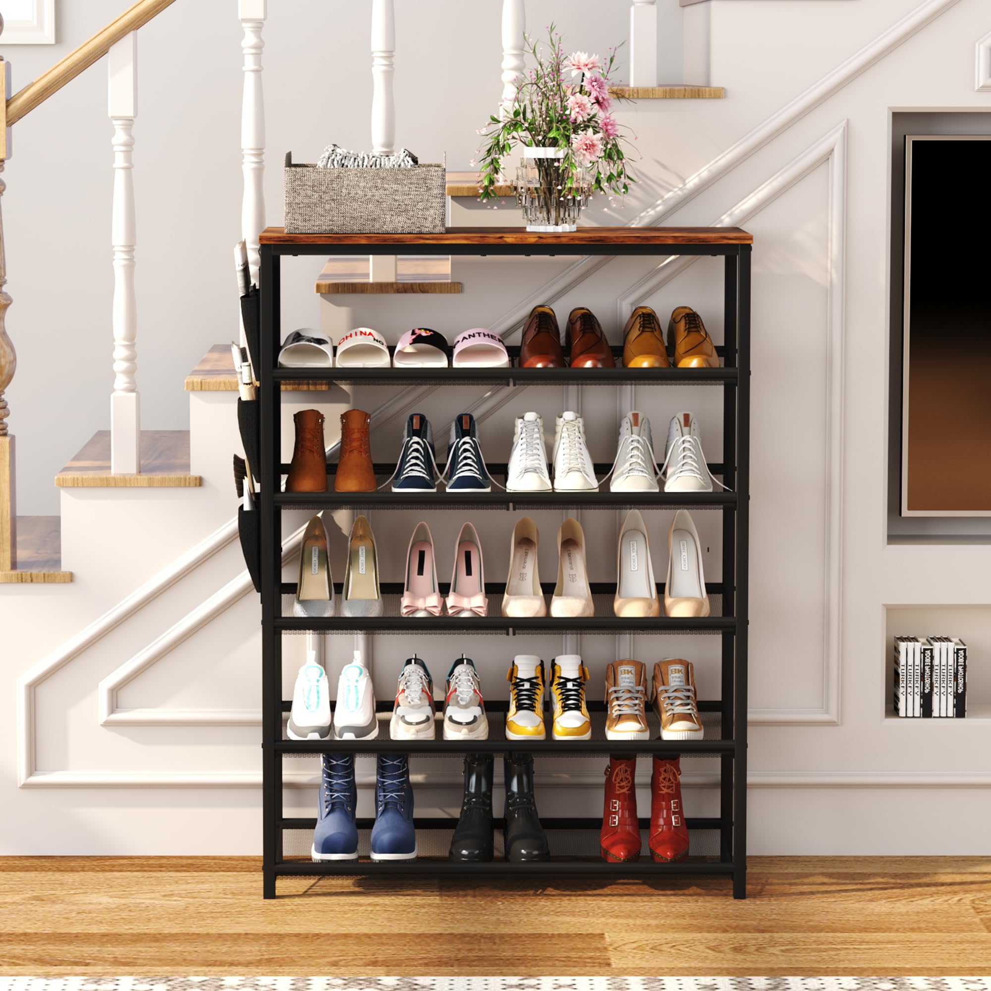 HOMEFORT 6 Tiers Shoe Rack for Entryway,30" Shoe Storage Shelf for Closet, Shoe Organizer with Adjustable Mesh Shelves, for 18-24 Pairs of Shoes, Industrial Shoe Stand with Side Pocket,Rustic Brown
