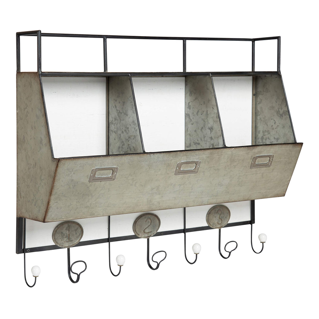 Kate and Laurel Arnica Antique White Wood and Metal Wall Storage Pockets with Hooks