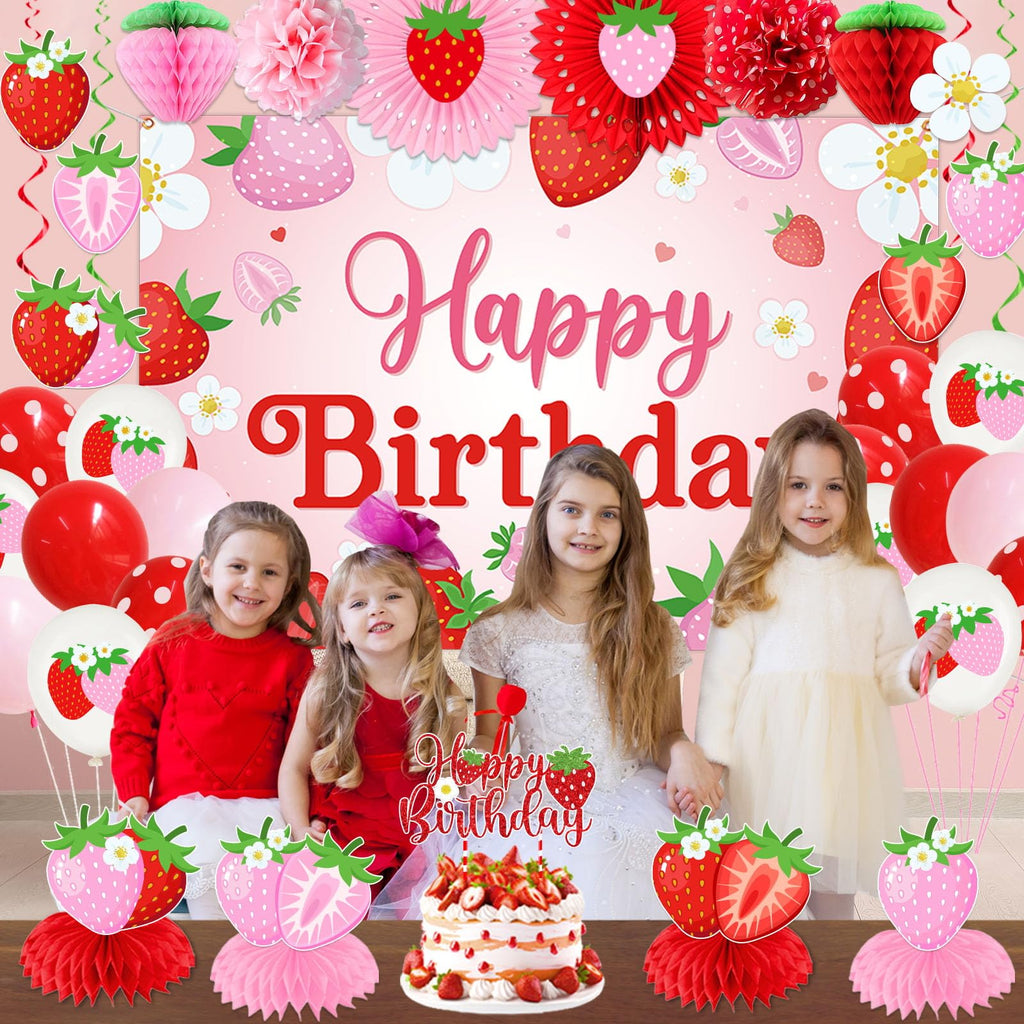 Strawberry Birthday Party Decorations with Strawberry Birthday Banner, Backdrop, Cake Topper, Balloons, Honeycombs, Hanging Swirls, Paper Fans & Pompoms