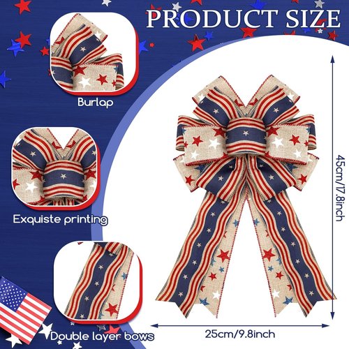 Moucuny Patriotic Burlap Bows - 4th of July Red, White & Blue Stars | Memorial Day Tree Topper & Wreath Decor
