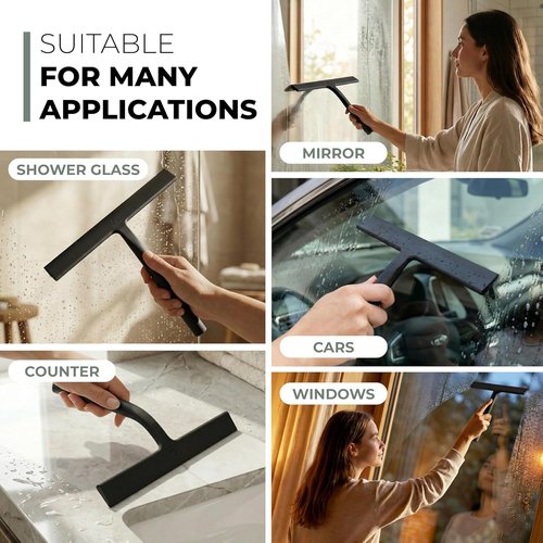 GÜTEWERK Silicone Shower Squeegee - Streak-Free Glass & Mirror Cleaner | 13-Inch, Black, No-Drill Mount