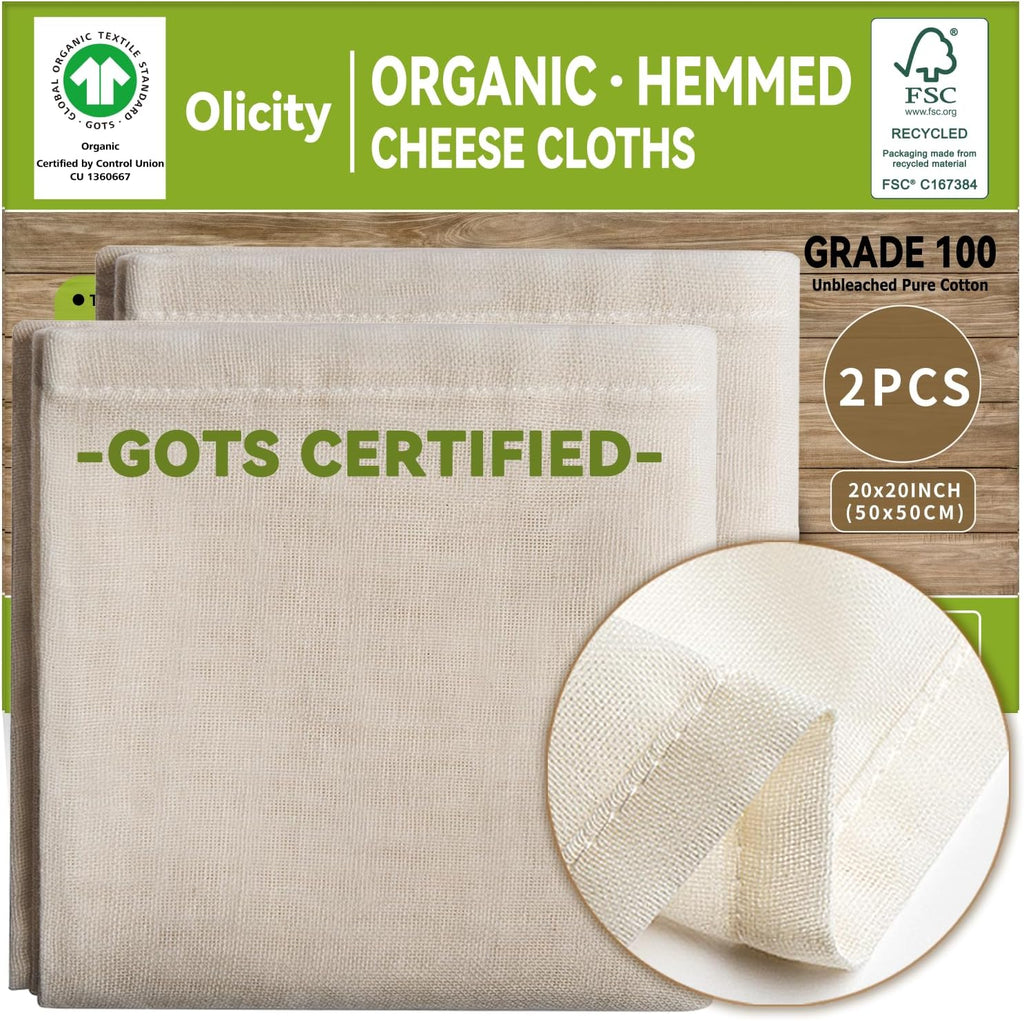 Organic Cheese Cloths - GOTS Certified 100% Cotton Muslin | 2PCS 20x20 Inch Reusable Fine Mesh for Straining