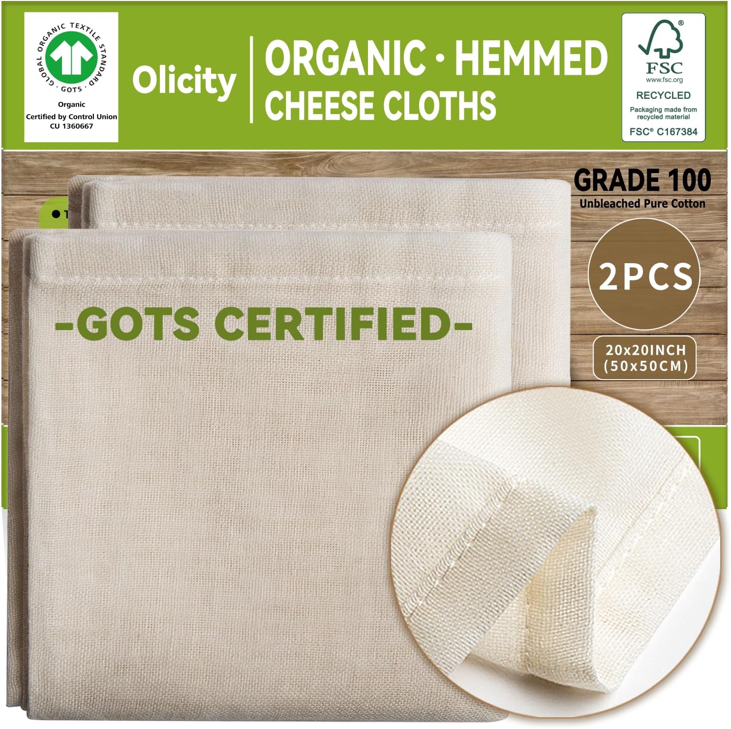 Organic Cheese Cloths - GOTS Certified 100% Cotton Muslin | 2PCS 20x20 Inch Reusable Fine Mesh for Straining