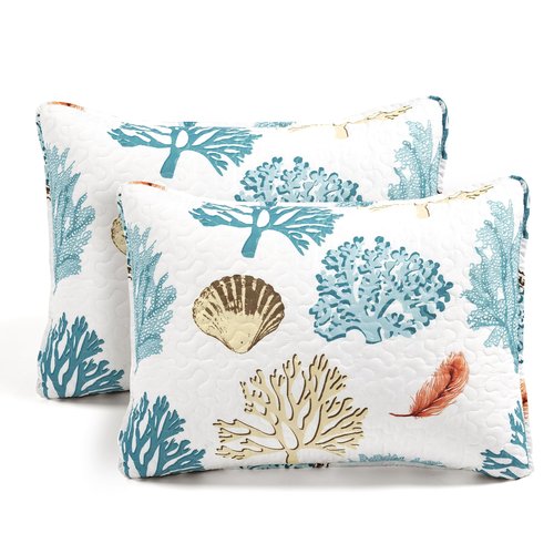 Lush Decor Coastal Reef Feather Reversible Quilt Set, 7 Piece Set Full/ Queen Blue & Coral - Queen Bedding Set Quilted - Coastal Decor - Beach House - Beachy Room