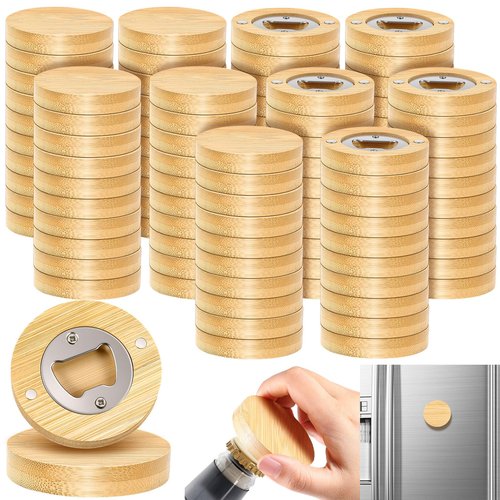Vesici 100 Pcs Magnetic Bottle Opener 2.5in DIY Bamboo Round Shape Beer Openers Wooden Fridge Magnet Refrigerator Sticker Gift for Beer Lover Wedding Guest Kitchens Bars Parties