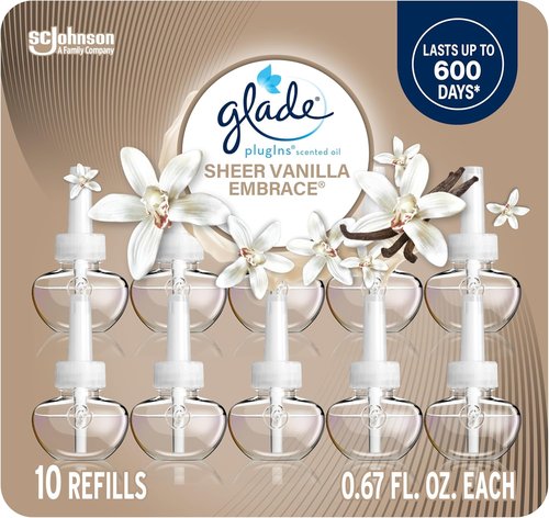 Glade PlugIns Refills Air Freshener - Sheer Vanilla Embrace | Scented Essential Oils, 10 Count, 0.67 Fl Oz
