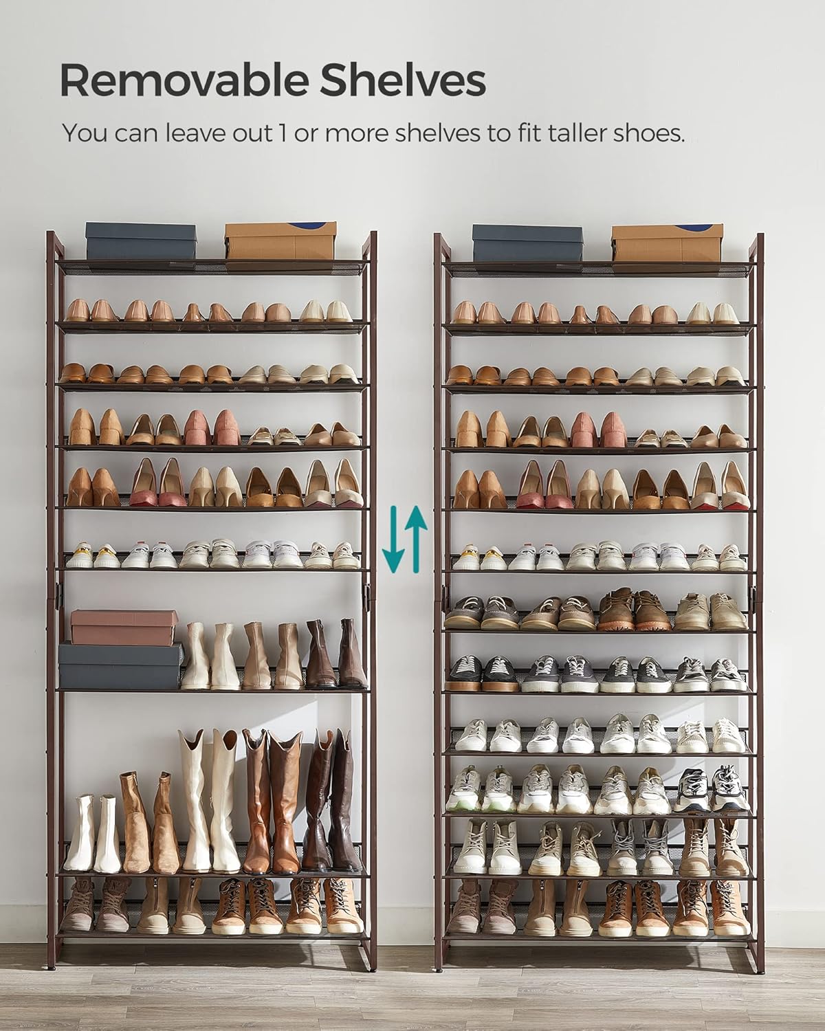 SONGMICS 12-Tier Shoe Rack - Stackable Metal Organizer for Garage | Holds 48-60 Pairs, Bronze Finish