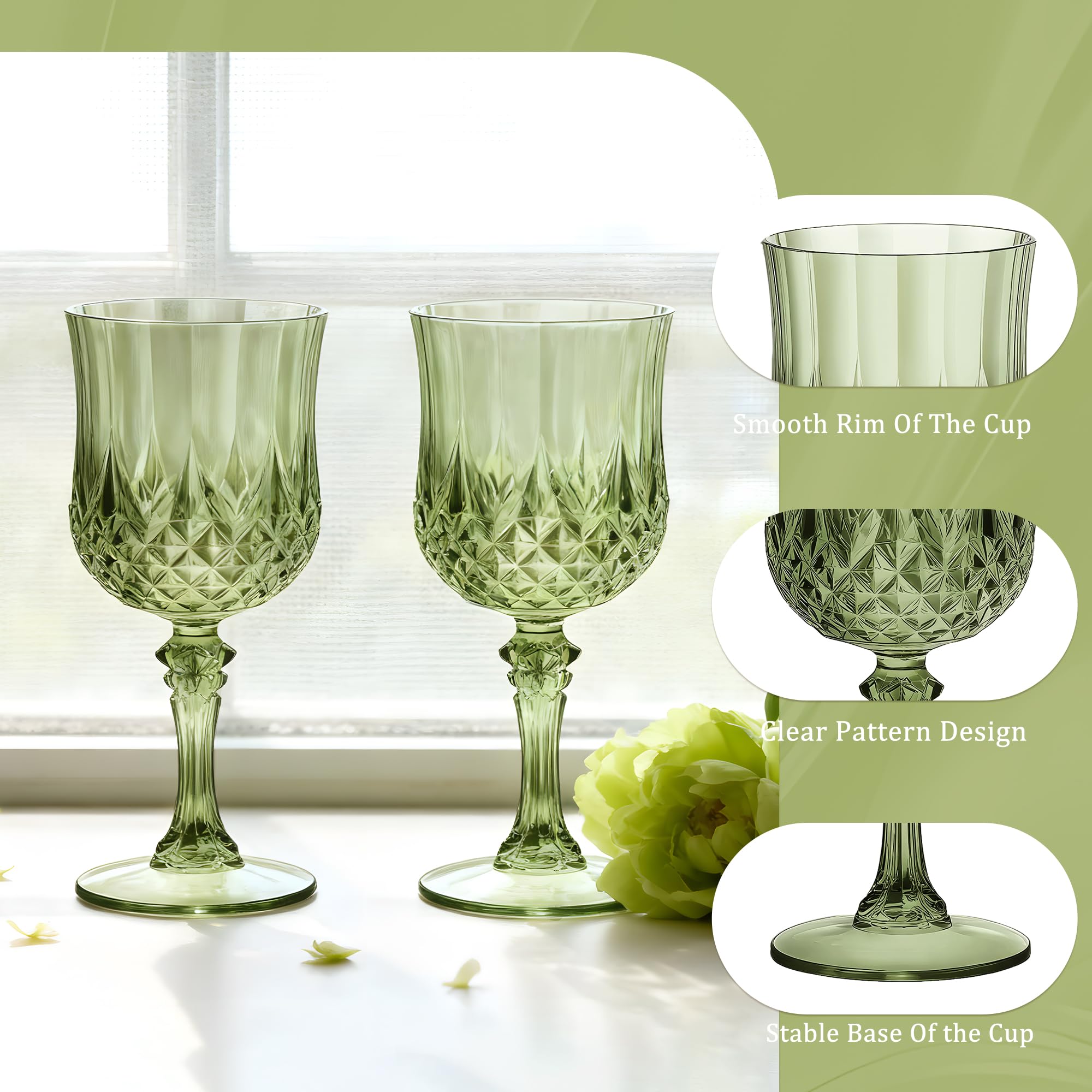 HTTBEIZI 7OZ Plastic Wine Glasses, Reusable Vintage Goblets Unbreakable Drinking Glasses Crystal Water Cups Champagne for Wedding, Parties (48, Light Green)