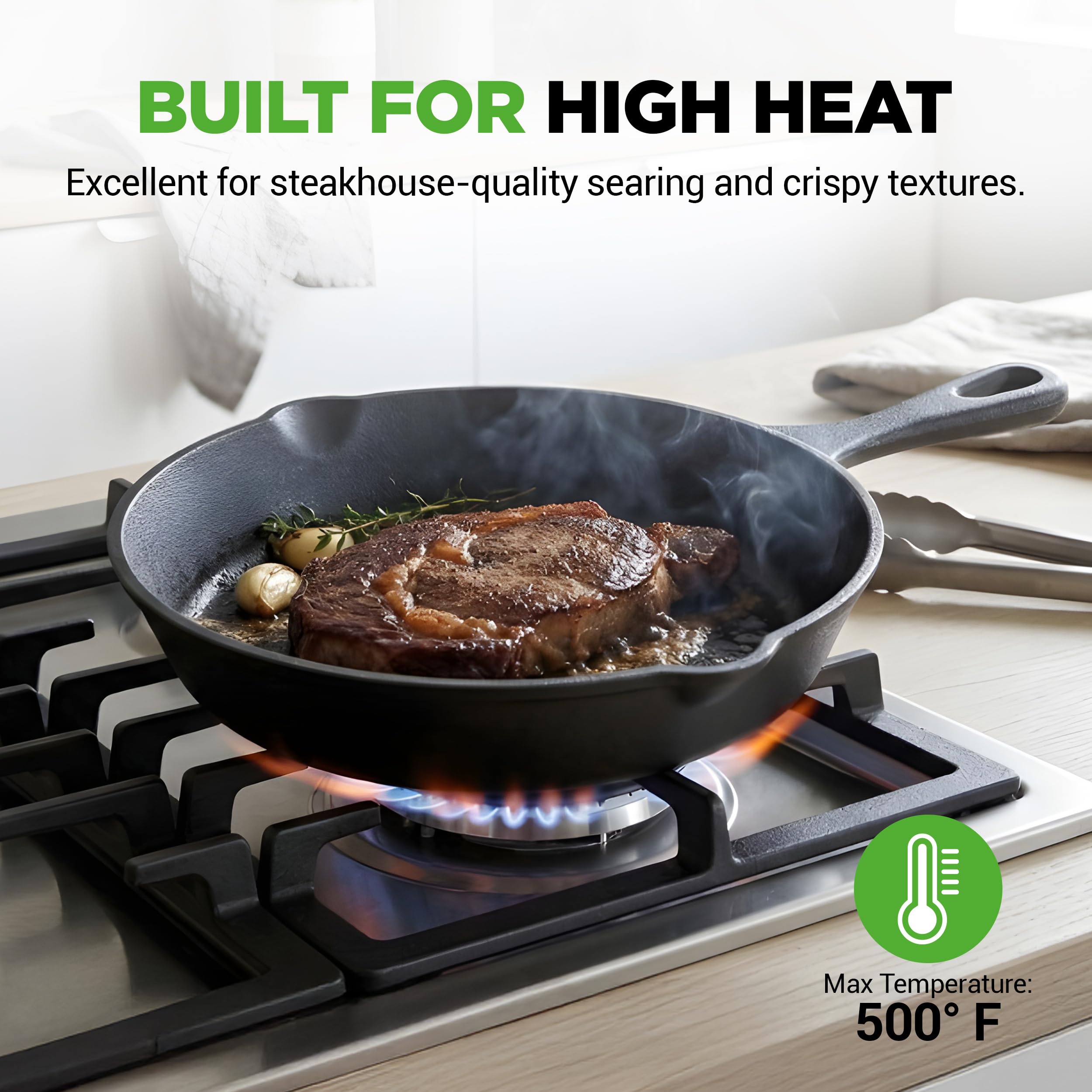 NutriChef Pre-Seasoned Cast Iron Skillets - 3 Pieces Cast Iron Cookware Set w/Drip Spout and Scraper - Compatible with Induction, Electric Stovetop, Gas, & Ceramic - NCCI76