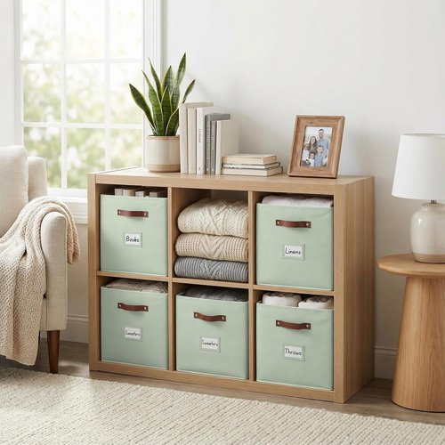 DECOMOMO Storage Bins - Fabric Cube Storage with Labels for Shelves | 10.5" x 11" | 6-Pack, Sage Green