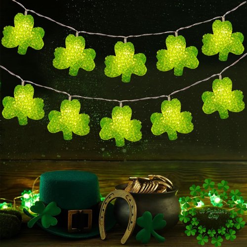 St Patricks Day Lights 6.8Ft Green Shamrock String Lights 10 LED Shatterproof Lucky Clover Light Battery Operated with Remote Timer, St Patricks Shamrock Light Indoor for Party Home Irish Decor