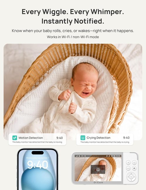 Dr.Care VistaView 5” Smart WiFi Baby Monitor - 2K HD Camera, Night Vision, App Control & 5000mAh Battery