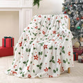 Christmas Fleece Print Throw Blanket Twin Size, Super Soft Plush Cozy Fuzzy Red Floral and Green Leaves Printed Twin Blankets for Couch Sofa Bed, and Home, Microfiber Flannel, All Seasons 60x80 Inches
