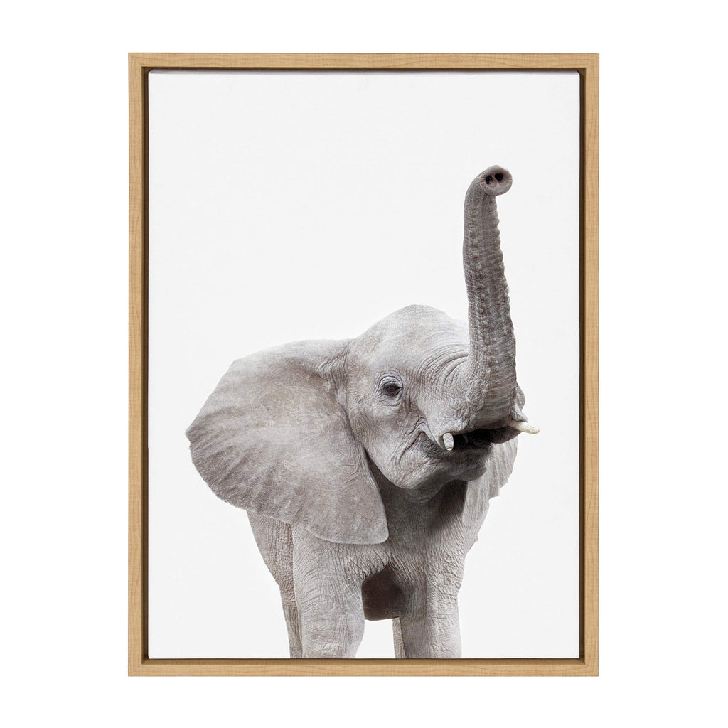 Kate and Laurel Sylvie Elephant with Raised Trunk Animal Print Portrait Framed Canvas Wall Art by Amy Peterson, 18x24 Natural