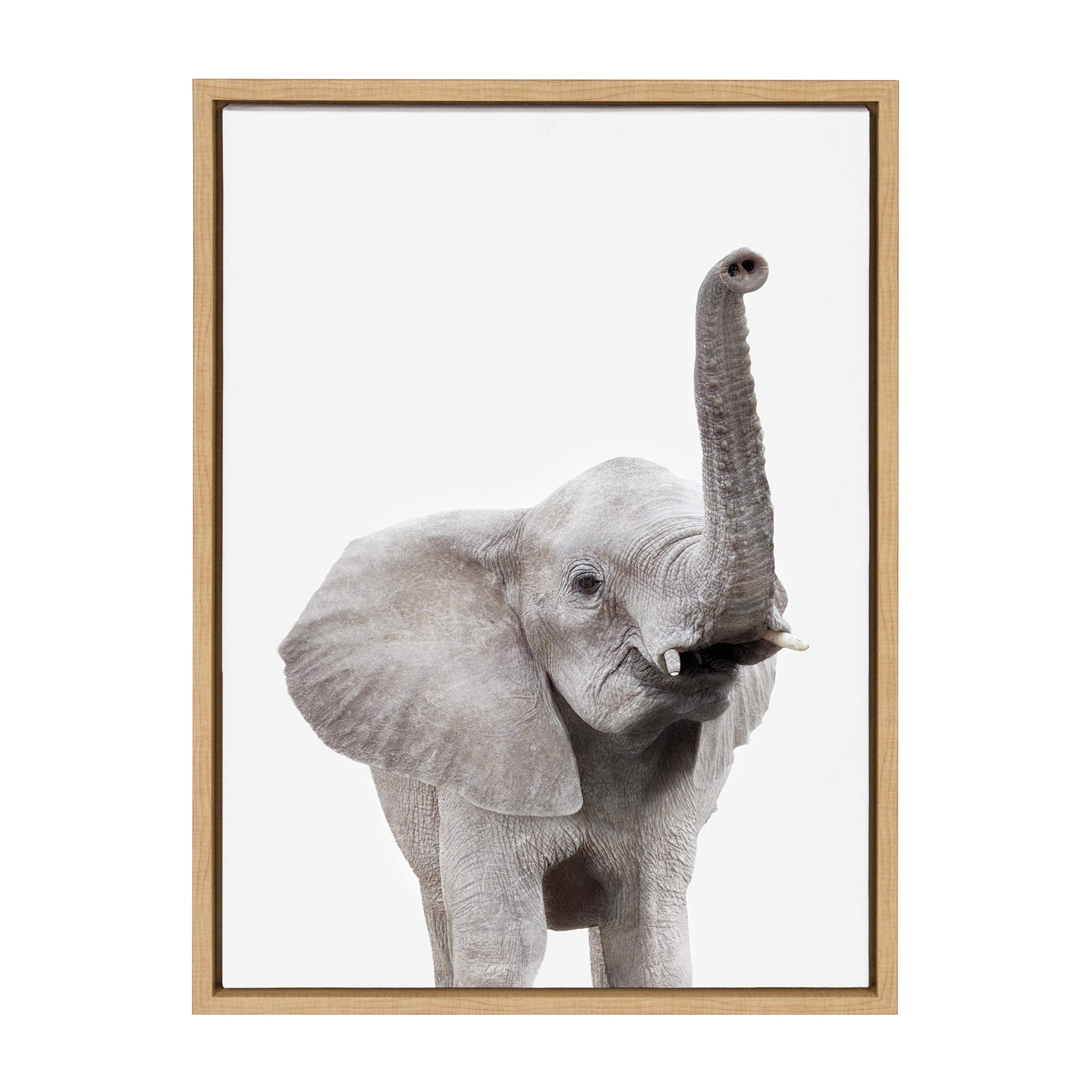 Kate and Laurel Sylvie Elephant with Raised Trunk Animal Print Portrait Framed Canvas Wall Art by Amy Peterson, 18x24 Natural