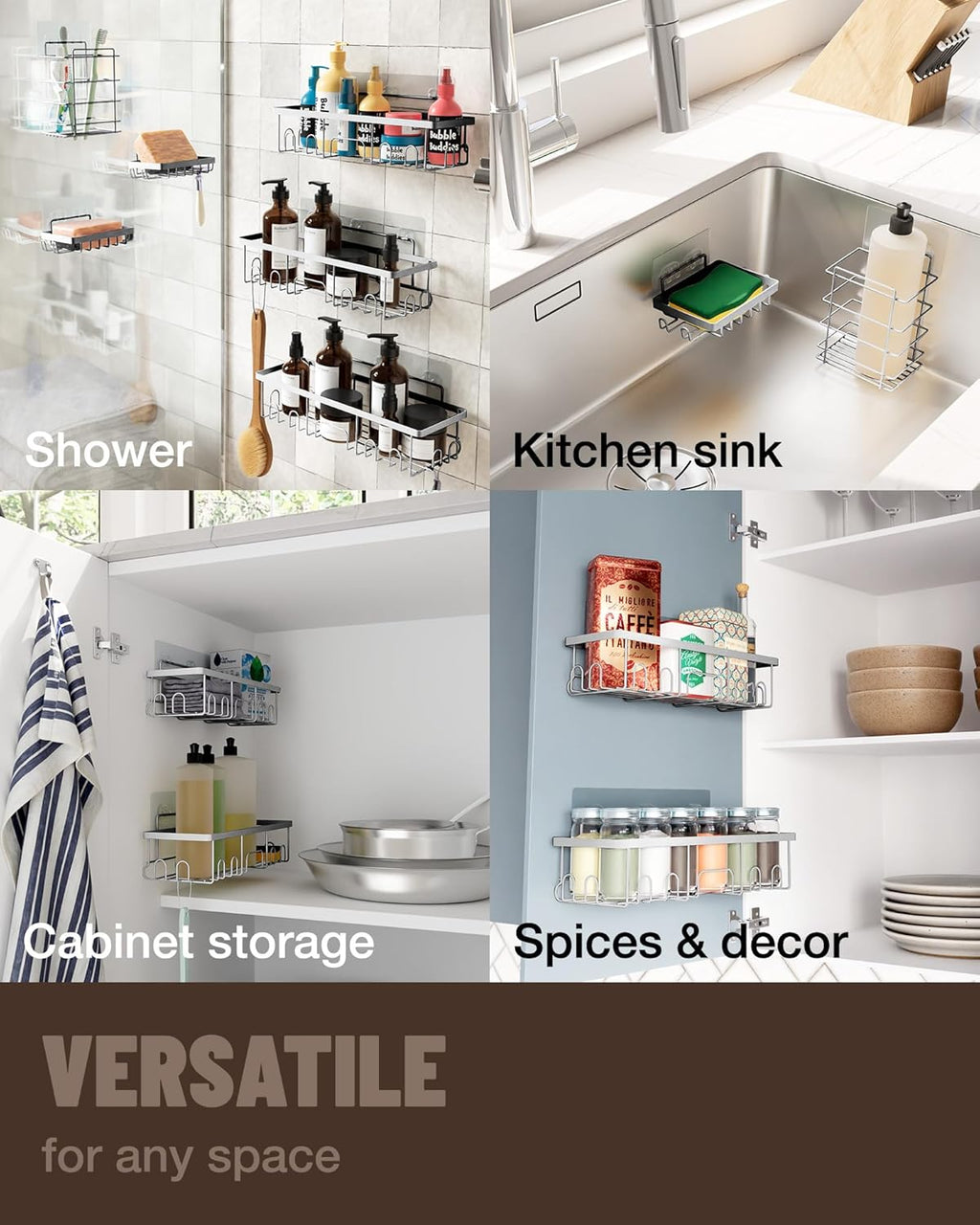 Veken Adhesive Shower Caddy - Heavy-Duty Wall-Mounted Organizer with Soap Dish & Toothbrush Holder | Silver, 5-Pack