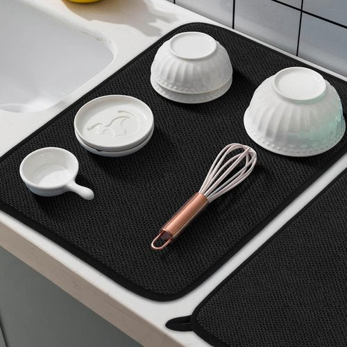 GeeRic Microfiber Dish Drying Mat - Super Absorbent & Reversible Kitchen Pad | 12x16 Inch Black