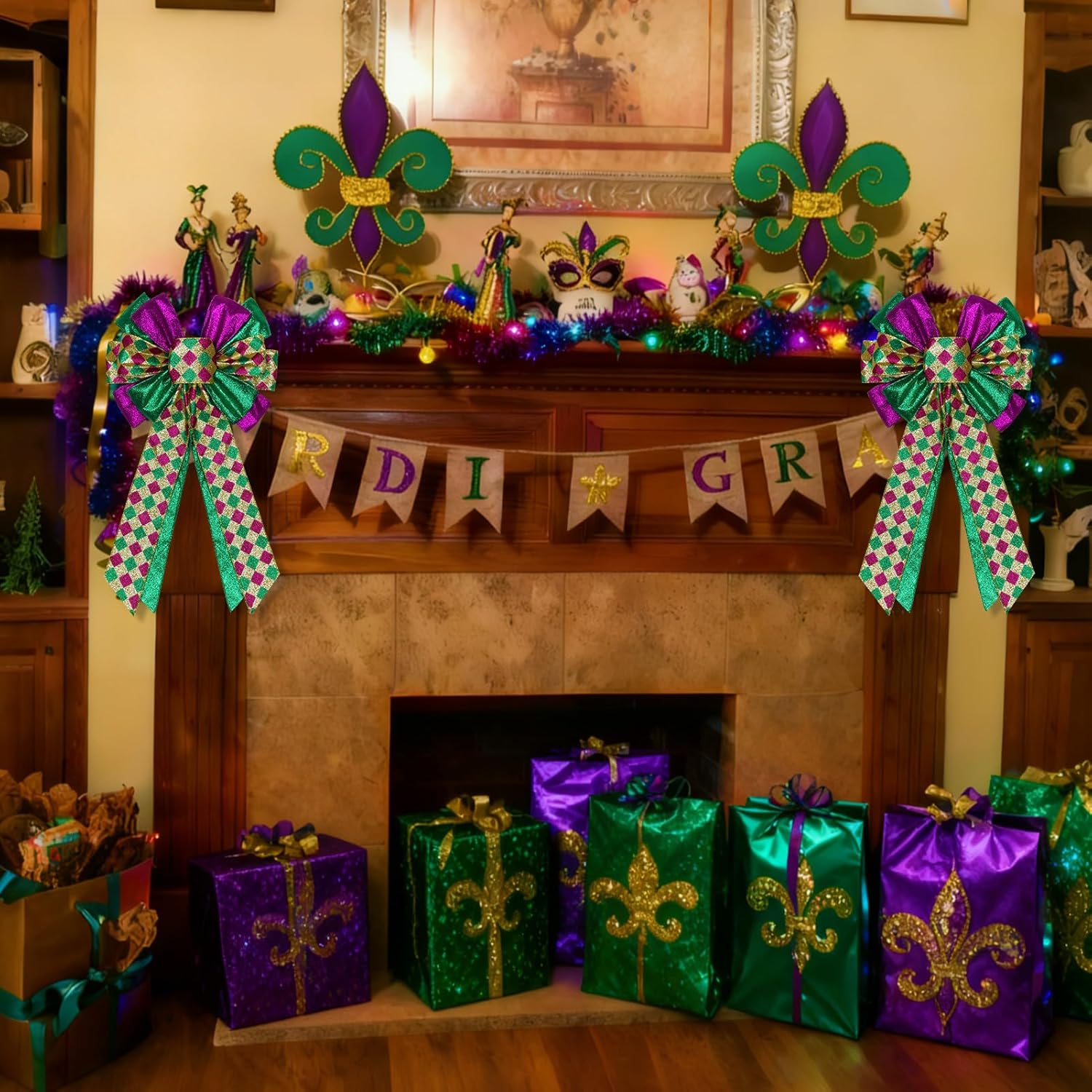 Skiennix Mardi Gras Bows - 12”x20” Large Glitter Tree Topper Decor for Holiday Parties | Gold, Green, Purple