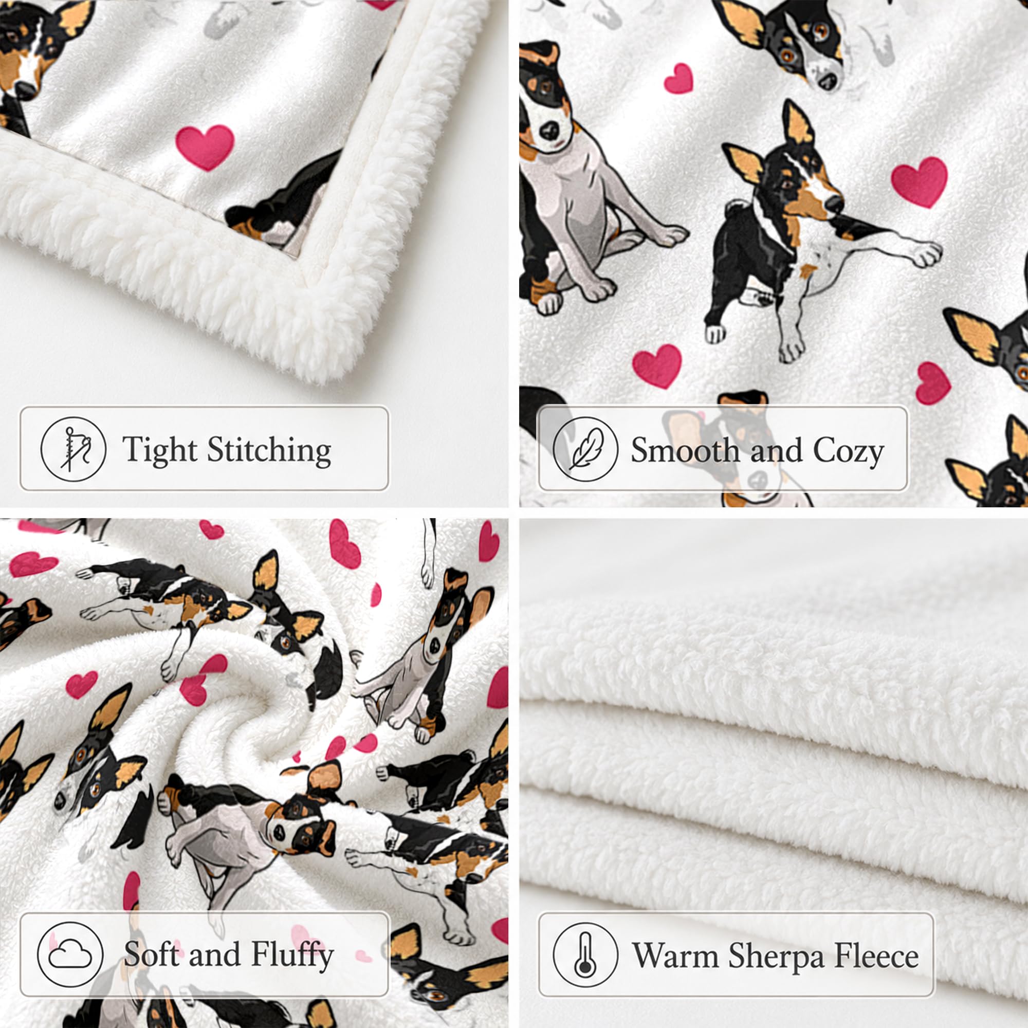 BlessLiving Rat Terrier White Throw Blanket with Dense Black Dog Patterns Sherpa Fleece Blanket Couch Bed, Soft Cozy Warm Pet Blankets for Puppy Lovers Pink Heart Cute Animal Print Gift 50x60 Inches