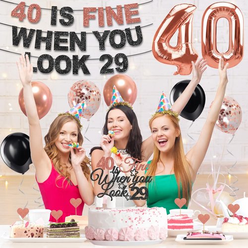 Yatufom 40th Birthday Decorations for Women, Pre-Strung 40 Is Fine When You Look 29 Banner, Number 40 Balloons Cake & Cupcake Toppers Party Supplies Kit, 40 Year Old Birthday Party Decorations