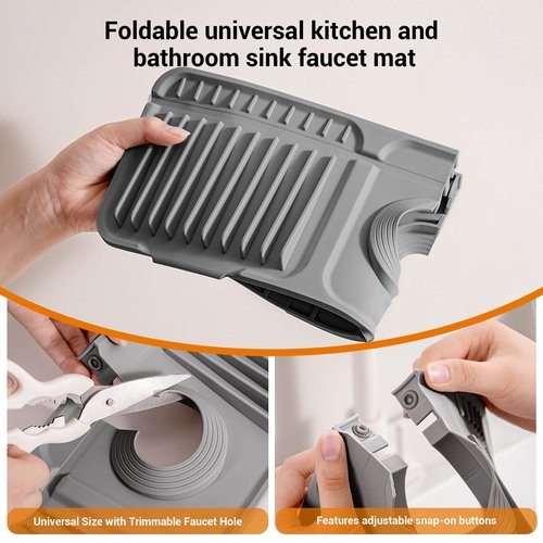 ZJWZLG Faucet Mat for Kitchen Sink, 17.7"X5.5" Silicone Sink Splash Guard with Soap Holder, Snap-On Design & 7°slope Fast Drain, Folding Sink Faucet Mat for Universal Kitchen Bathroom Sink（Grey）